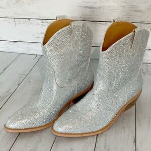 Silver Glitter Women's Cowboy Boots, rhinestone booties, swiftie boots, size 7